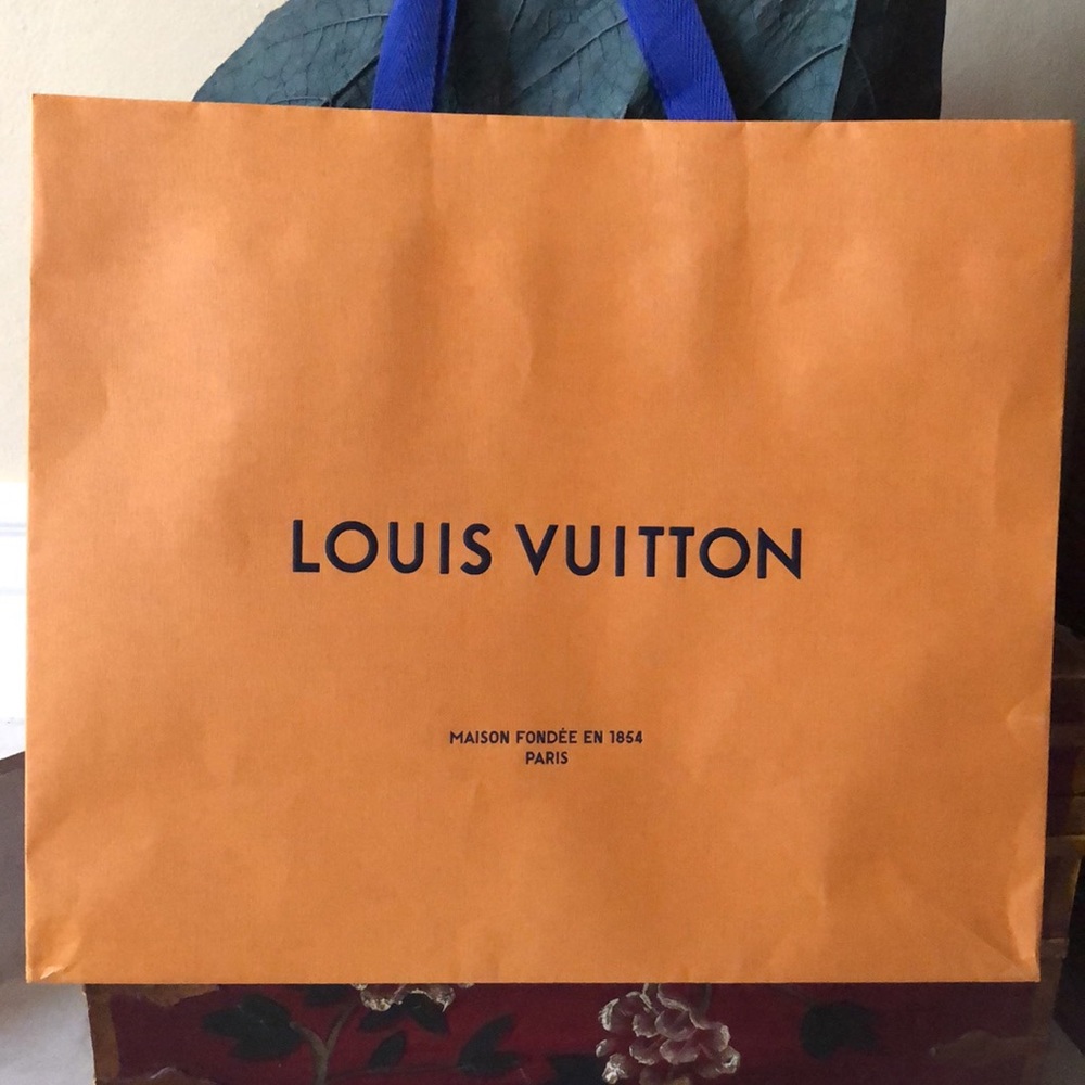 🧡💙 Louis Vuitton Orange Linen Paper Shopping bag, blue woven fabric handles